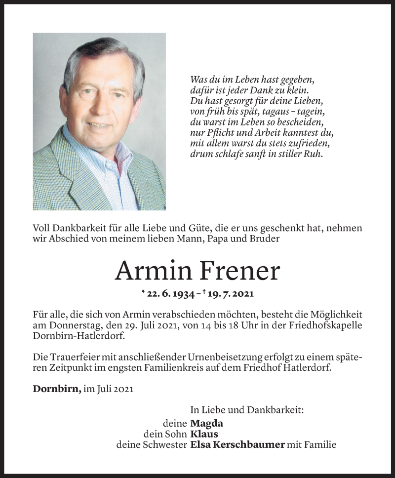  Todesanzeige für Armin Frener vom 28.07.2021 aus Vorarlberger Nachrichten