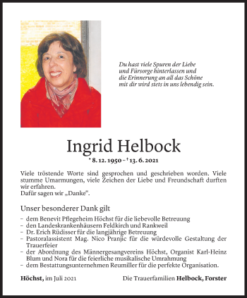 Todesanzeige von Ingrid Helbock von Vorarlberger Nachrichten