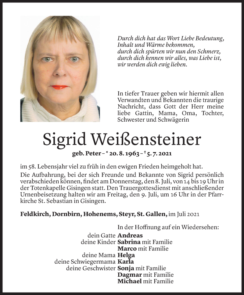  Todesanzeige für Sigrid Weißensteiner vom 06.07.2021 aus Vorarlberger Nachrichten