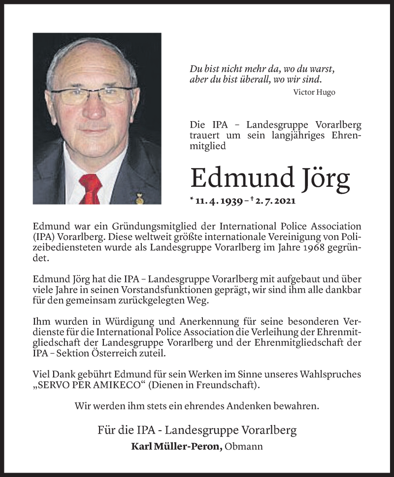  Todesanzeige für Edmund Jörg vom 07.07.2021 aus Vorarlberger Nachrichten