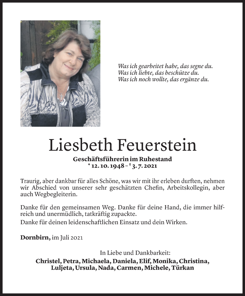  Todesanzeige für Liesbeth Feuerstein vom 06.07.2021 aus Vorarlberger Nachrichten
