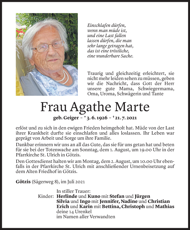  Todesanzeige für Agathe Marte vom 30.07.2021 aus Vorarlberger Nachrichten
