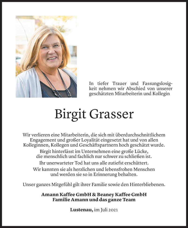  Todesanzeige für Birgit Grasser vom 24.07.2021 aus Vorarlberger Nachrichten