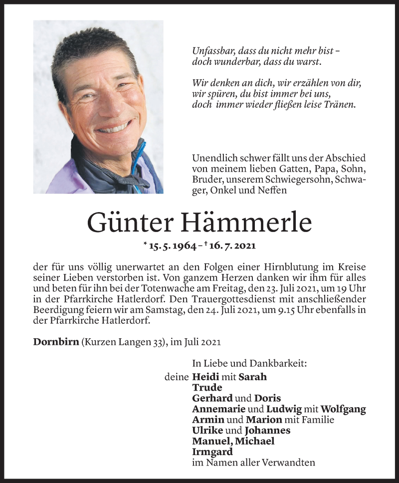  Todesanzeige für Günter Hämmerle vom 20.07.2021 aus Vorarlberger Nachrichten
