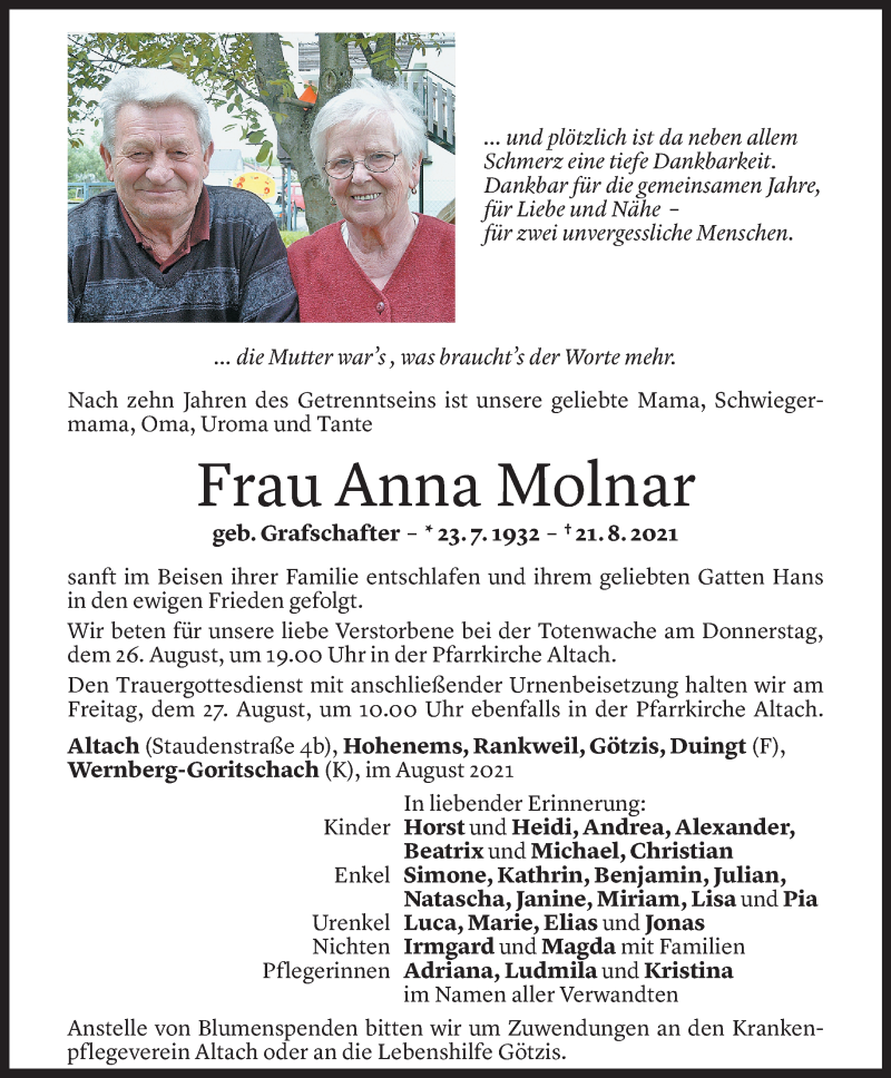  Todesanzeige für Anna Molnar vom 25.08.2021 aus Vorarlberger Nachrichten