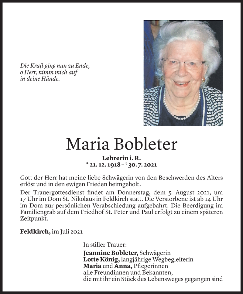  Todesanzeige für Maria Bobleter vom 03.08.2021 aus Vorarlberger Nachrichten