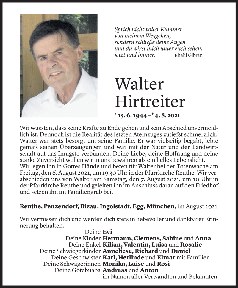  Todesanzeige für Walter Hirtreiter vom 04.08.2021 aus Vorarlberger Nachrichten
