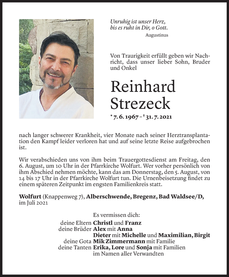  Todesanzeige für Reinhard Strezeck vom 03.08.2021 aus Vorarlberger Nachrichten
