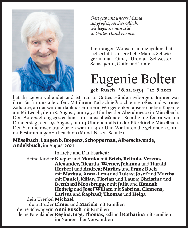  Todesanzeige für Eugenie Bolter vom 17.08.2021 aus Vorarlberger Nachrichten