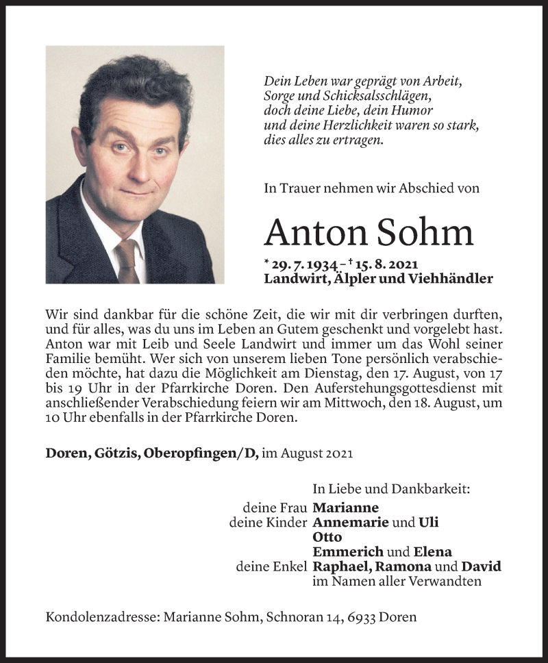  Todesanzeige für Anton Sohm vom 17.08.2021 aus Vorarlberger Nachrichten
