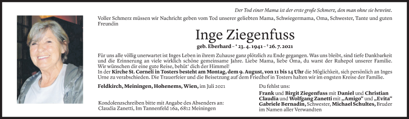  Todesanzeige für Inge Ziegenfuss vom 05.08.2021 aus Vorarlberger Nachrichten
