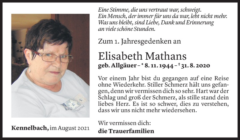  Todesanzeige für Elisabeth Mathans vom 30.08.2021 aus Vorarlberger Nachrichten