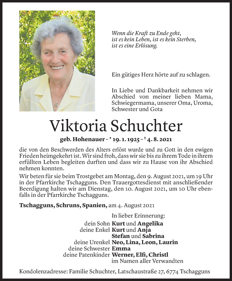  Todesanzeige für Viktoria Schuchter vom 05.08.2021 aus Vorarlberger Nachrichten
