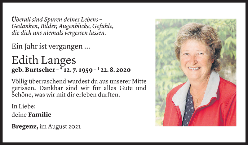  Todesanzeige für Edith Langes vom 20.08.2021 aus Vorarlberger Nachrichten