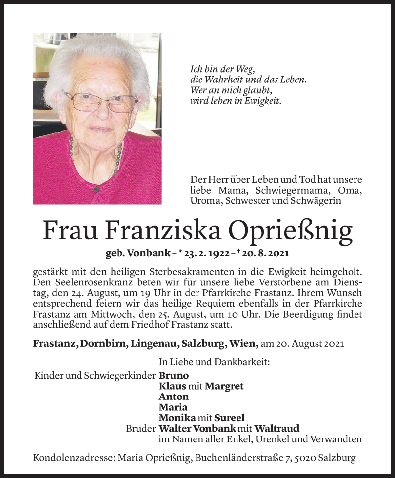  Todesanzeige für Franziska Oprießnig vom 22.08.2021 aus Vorarlberger Nachrichten