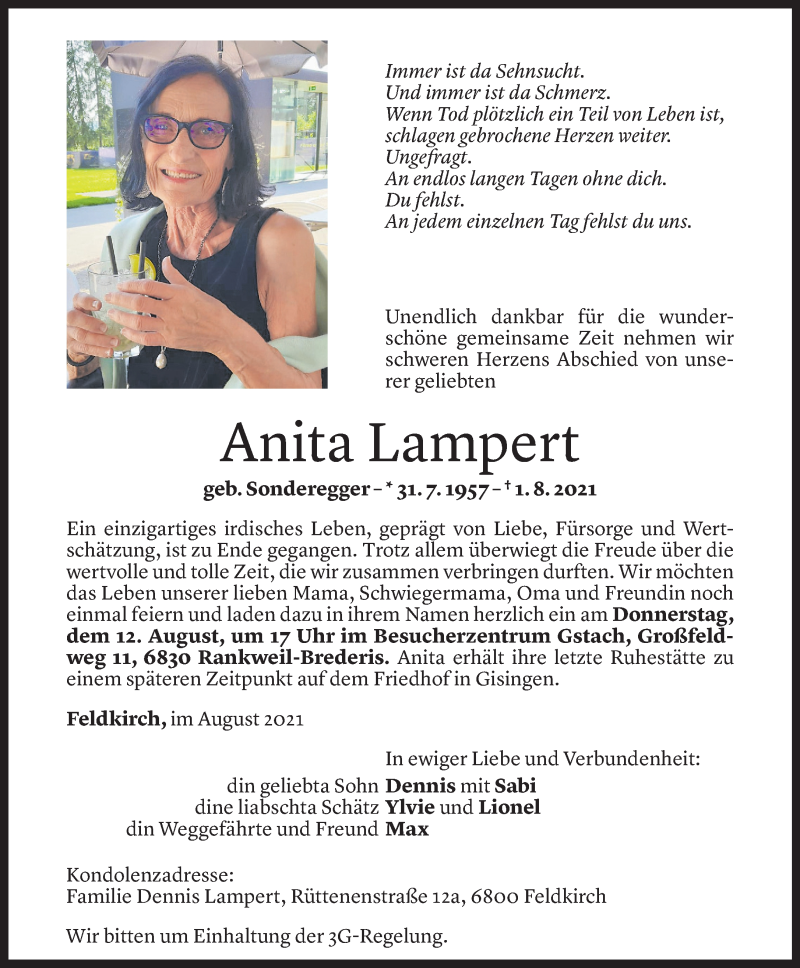  Todesanzeige für Anita Lampert vom 06.08.2021 aus Vorarlberger Nachrichten