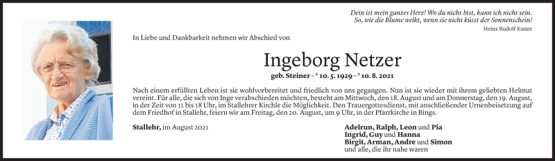  Todesanzeige für Ingeborg Netzer vom 14.08.2021 aus Vorarlberger Nachrichten