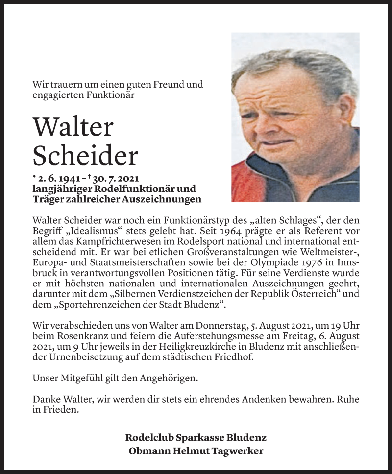  Todesanzeige für Walter Scheider vom 03.08.2021 aus Vorarlberger Nachrichten
