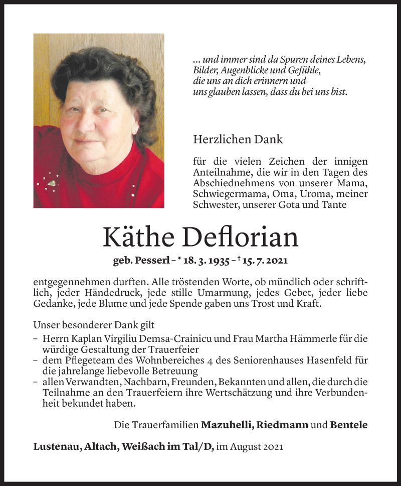  Todesanzeige für Käthe Deflorian vom 13.08.2021 aus Vorarlberger Nachrichten