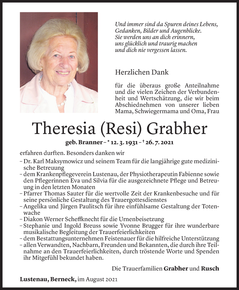  Todesanzeige für Theresia Grabher vom 13.08.2021 aus Vorarlberger Nachrichten