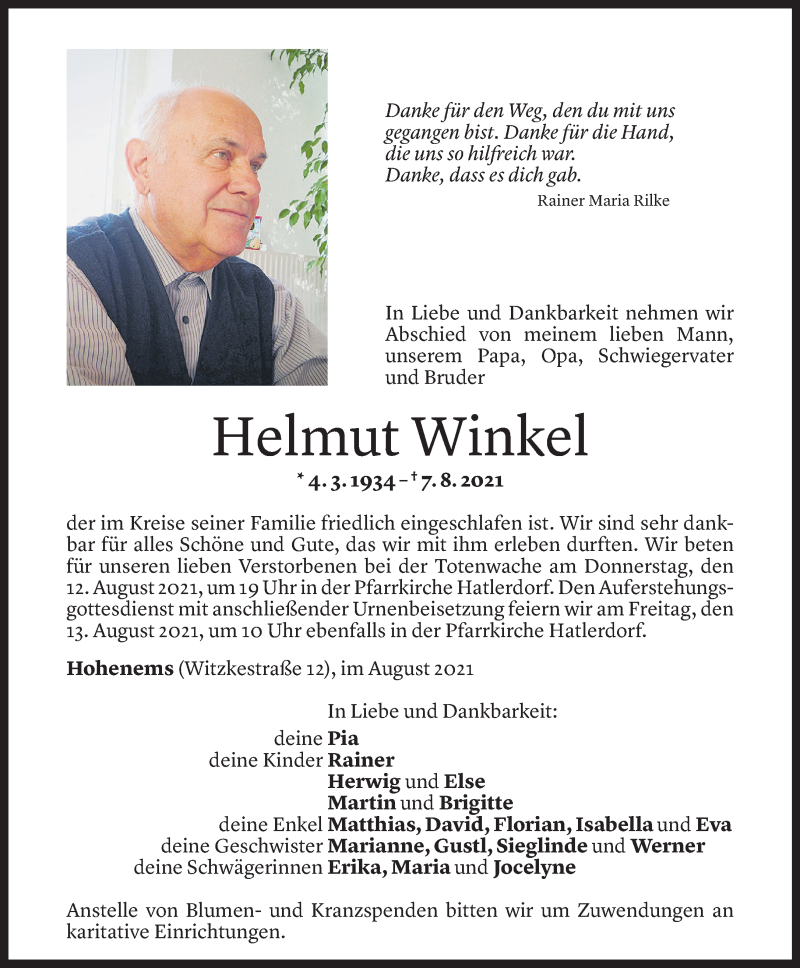  Todesanzeige für Helmut Winkel vom 09.08.2021 aus Vorarlberger Nachrichten