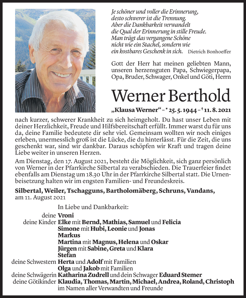  Todesanzeige für Werner Berthold vom 14.08.2021 aus Vorarlberger Nachrichten
