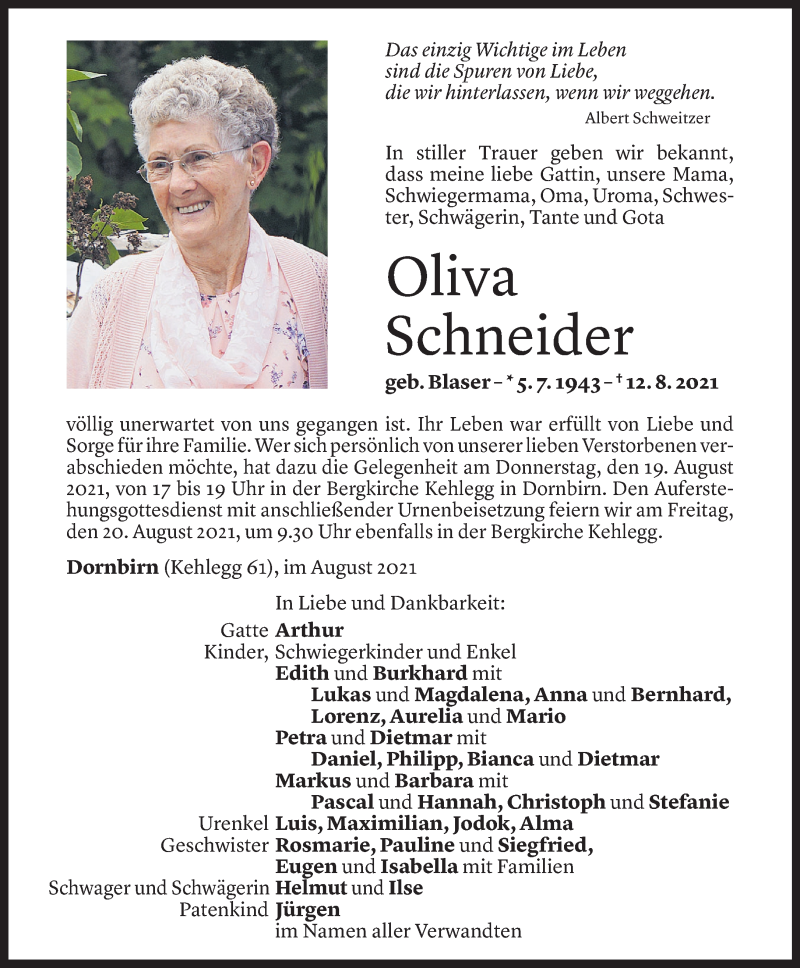  Todesanzeige für Oliva Schneider vom 16.08.2021 aus Vorarlberger Nachrichten