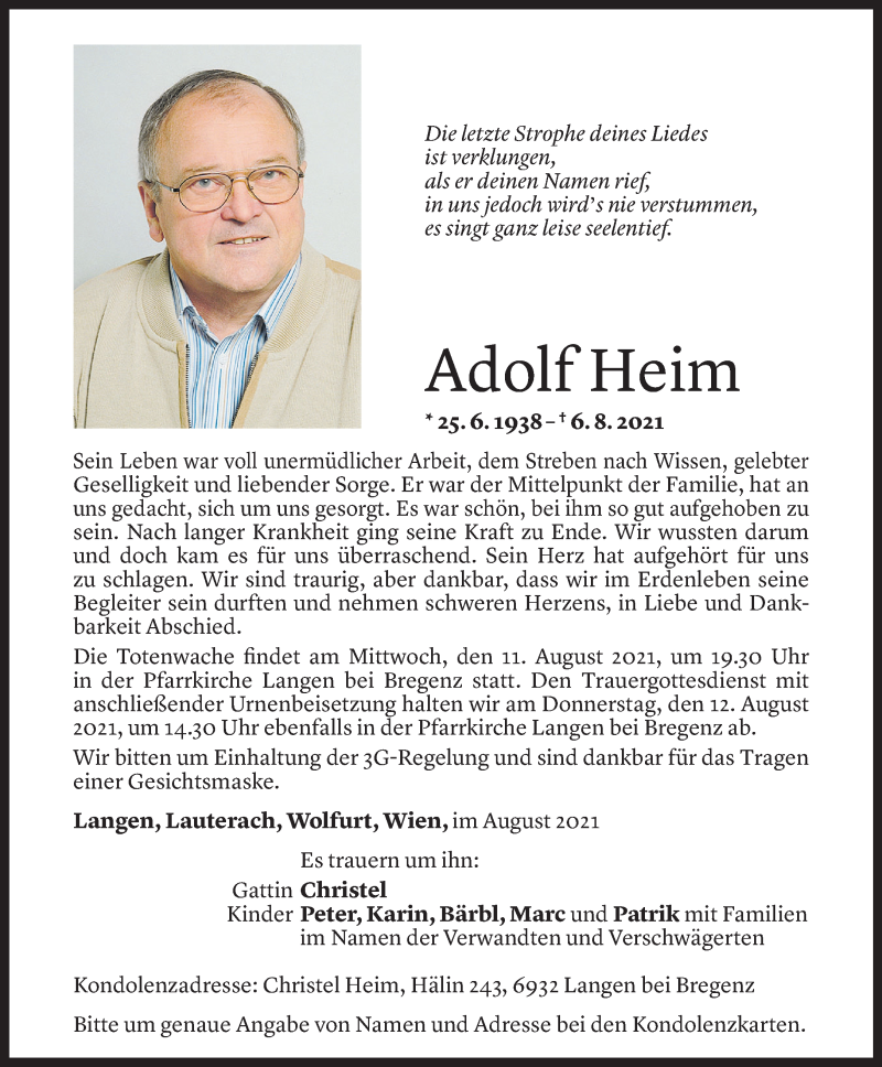  Todesanzeige für Adolf Heim vom 09.08.2021 aus Vorarlberger Nachrichten