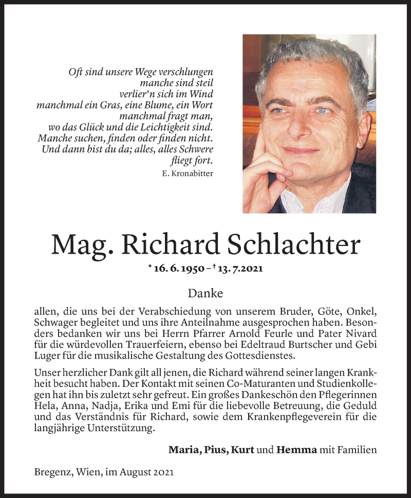  Todesanzeige für Richard Schlachter vom 06.08.2021 aus Vorarlberger Nachrichten