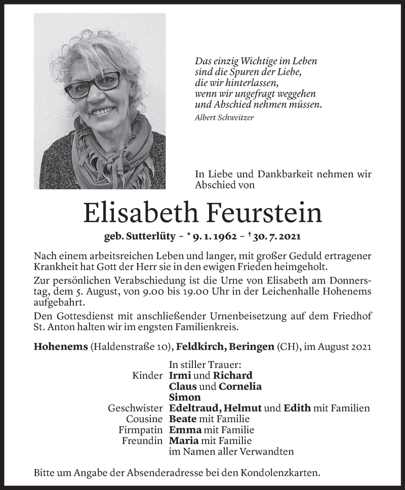  Todesanzeige für Elisabeth Feurstein vom 03.08.2021 aus Vorarlberger Nachrichten