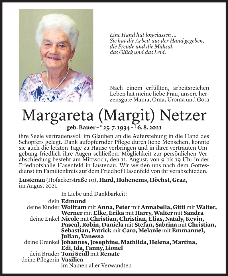  Todesanzeige für Margareta Netzer vom 09.08.2021 aus Vorarlberger Nachrichten