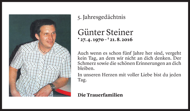  Todesanzeige für Günter Andreas Steiner vom 20.08.2021 aus Vorarlberger Nachrichten