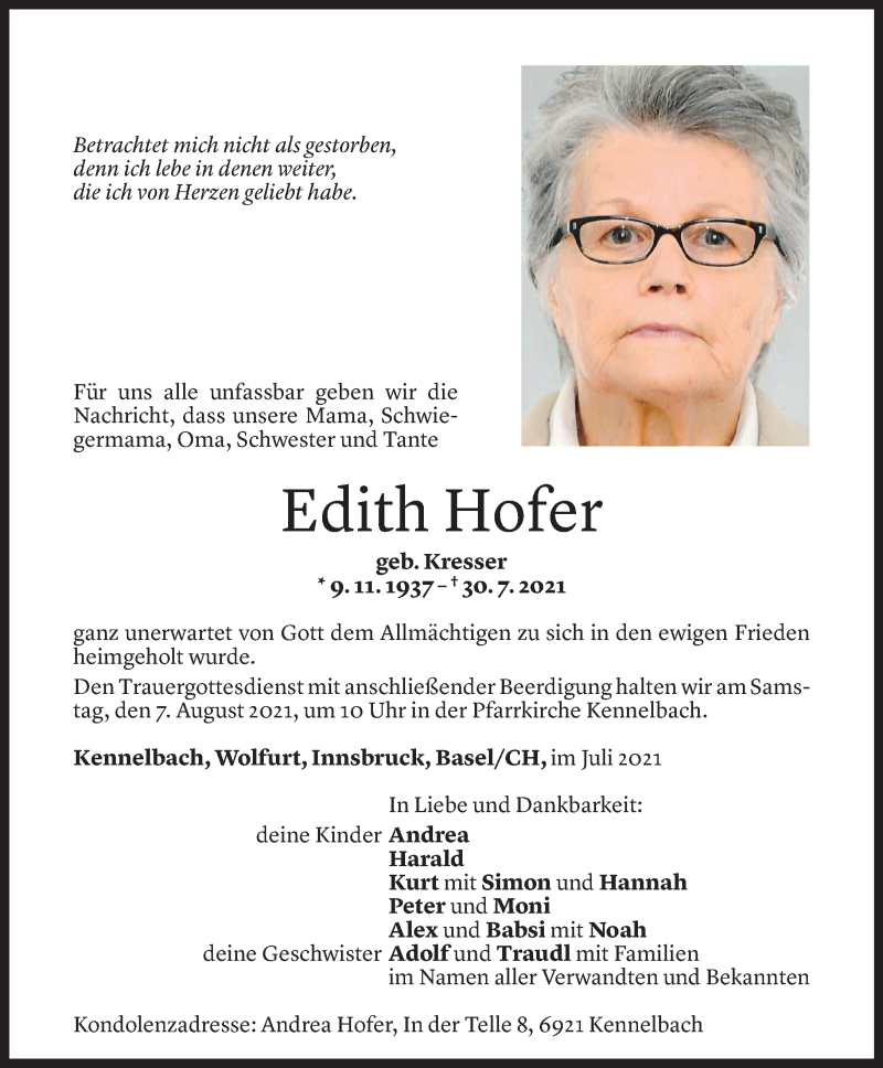  Todesanzeige für Edith Hofer vom 04.08.2021 aus Vorarlberger Nachrichten