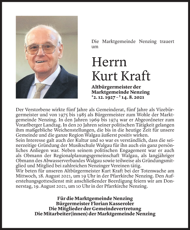  Todesanzeige für Kurt Kraft vom 17.08.2021 aus Vorarlberger Nachrichten