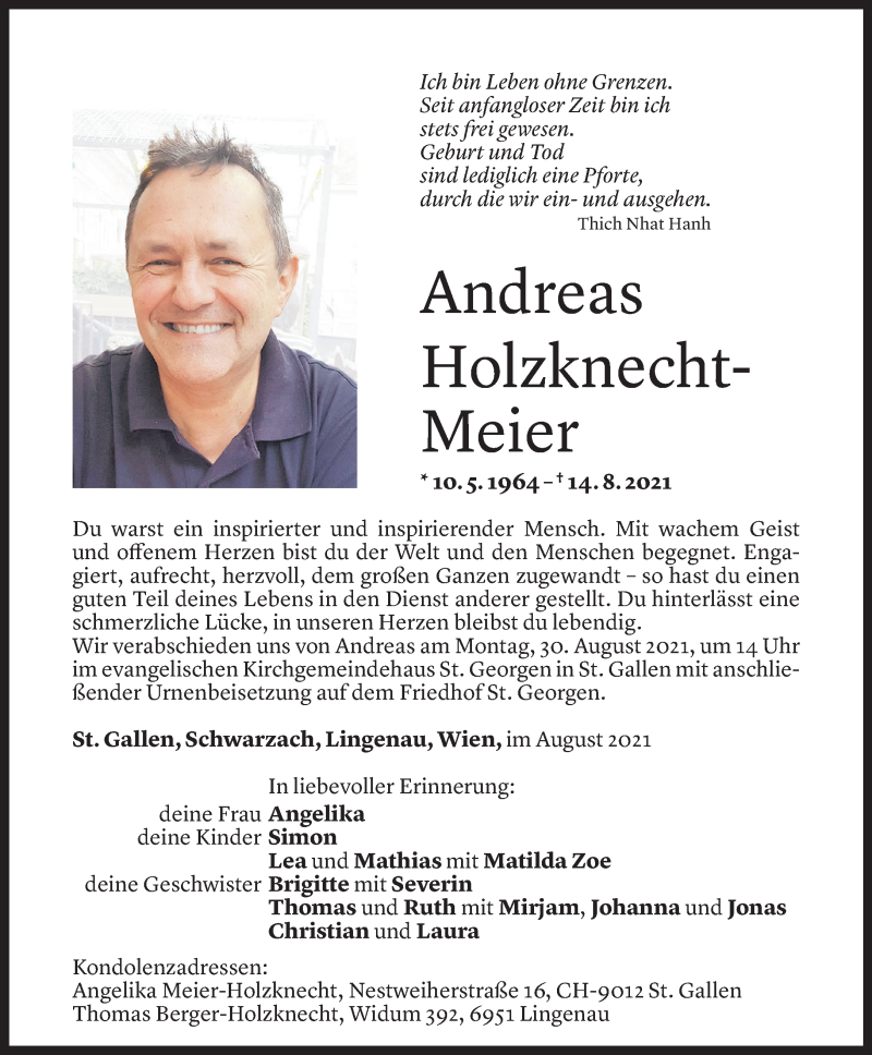  Todesanzeige für Andreas Holzknecht-Meier vom 17.08.2021 aus Vorarlberger Nachrichten