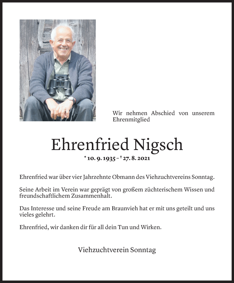  Todesanzeige für Ehrenfried Nigsch vom 29.08.2021 aus Vorarlberger Nachrichten