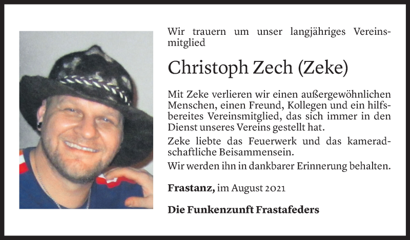  Todesanzeige für Christoph Zech vom 31.08.2021 aus Vorarlberger Nachrichten