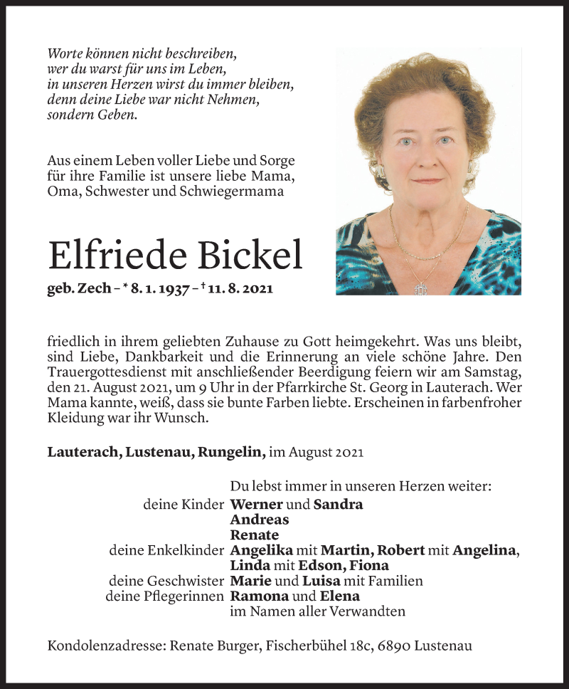  Todesanzeige für Elfriede Bickel vom 17.08.2021 aus Vorarlberger Nachrichten