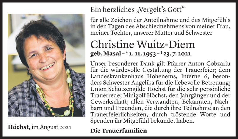  Todesanzeige für Christine Wuitz-Diem vom 19.08.2021 aus Vorarlberger Nachrichten