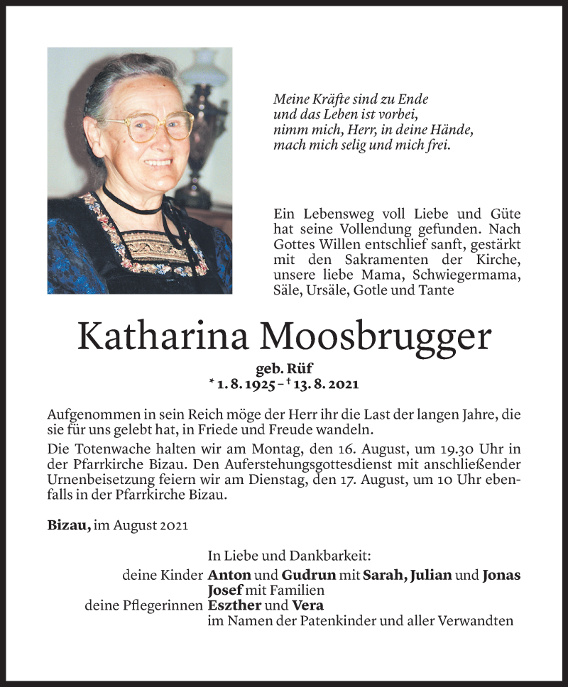  Todesanzeige für Katharina Moosbrugger vom 13.08.2021 aus Vorarlberger Nachrichten