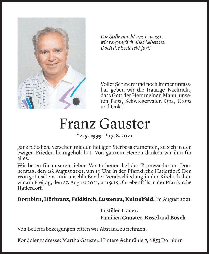  Todesanzeige für Franz Gauster vom 23.08.2021 aus Vorarlberger Nachrichten