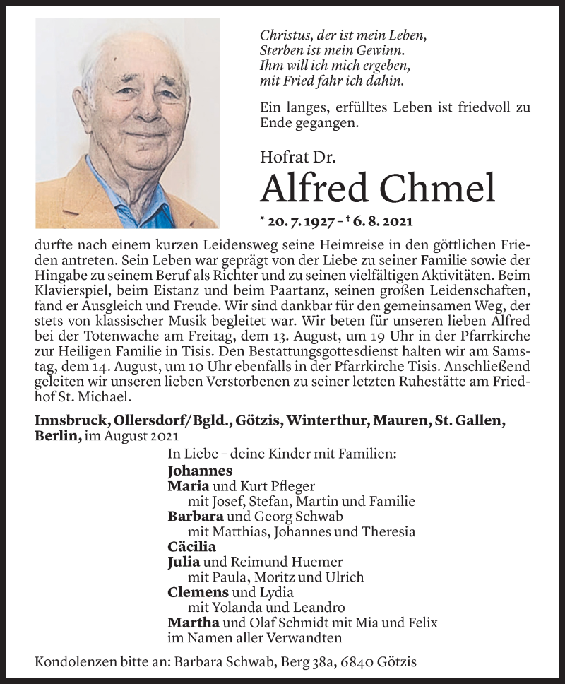  Todesanzeige für Alfred Chmel vom 09.08.2021 aus Vorarlberger Nachrichten