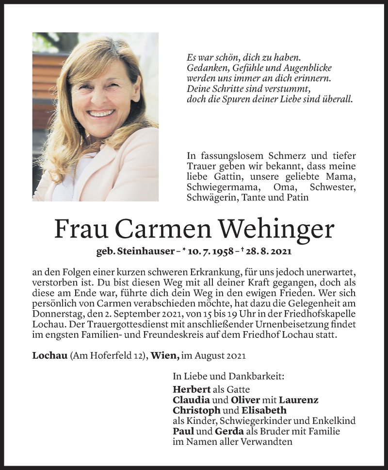  Todesanzeige für Carmen Wehinger vom 01.09.2021 aus Vorarlberger Nachrichten