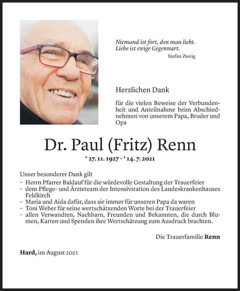  Todesanzeige für Paul Renn vom 13.08.2021 aus Vorarlberger Nachrichten
