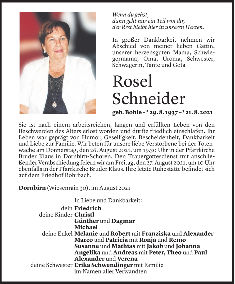  Todesanzeige für Rosel Schneider vom 23.08.2021 aus Vorarlberger Nachrichten