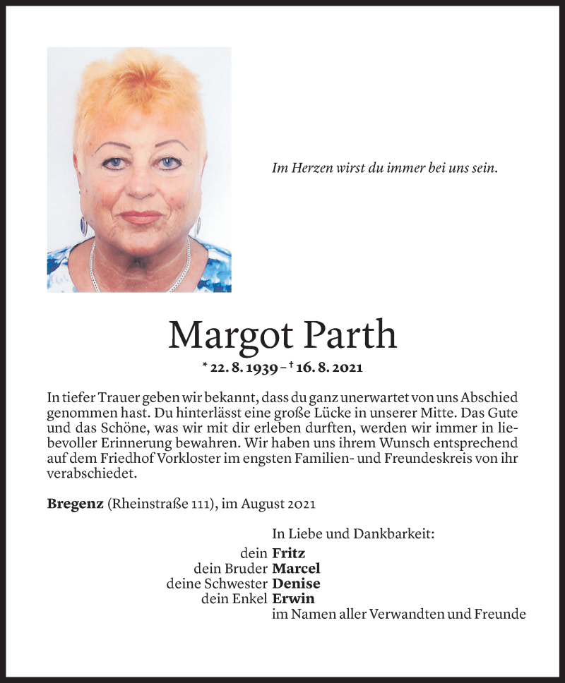 Todesanzeige für Margot Parth vom 27.08.2021 aus Vorarlberger Nachrichten