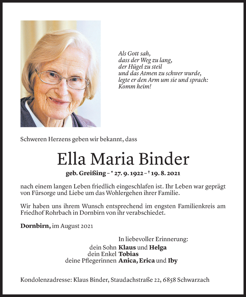  Todesanzeige für Ella Binder vom 28.08.2021 aus Vorarlberger Nachrichten