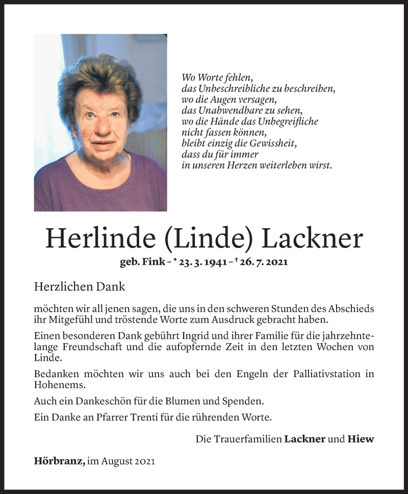  Todesanzeige für Herlinde Lackner vom 27.08.2021 aus Vorarlberger Nachrichten