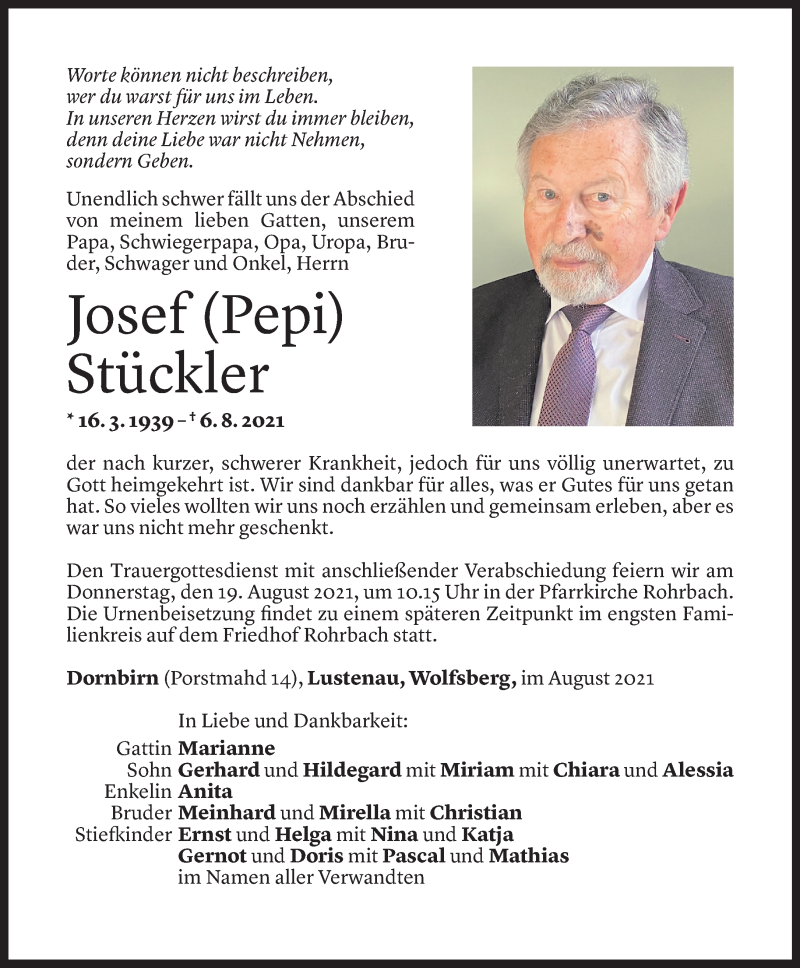  Todesanzeige für Josef Stückler vom 16.08.2021 aus Vorarlberger Nachrichten