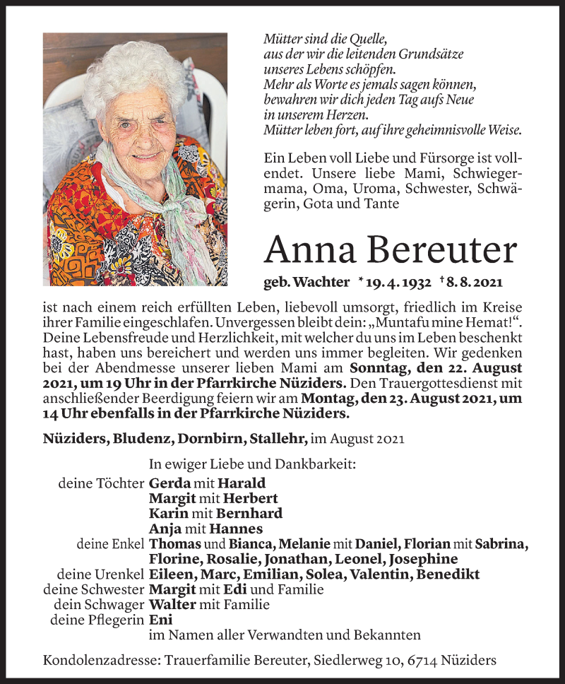  Todesanzeige für Anna Bereuter vom 19.08.2021 aus Vorarlberger Nachrichten